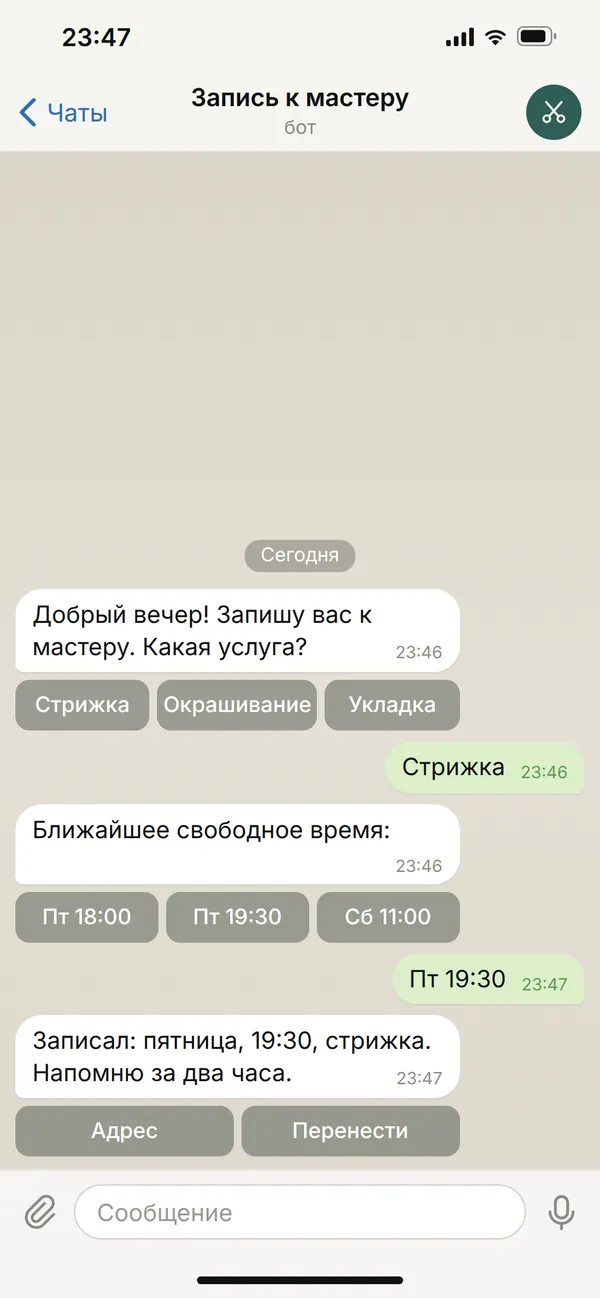 Тестовый бот записи в Telegram на телефоне