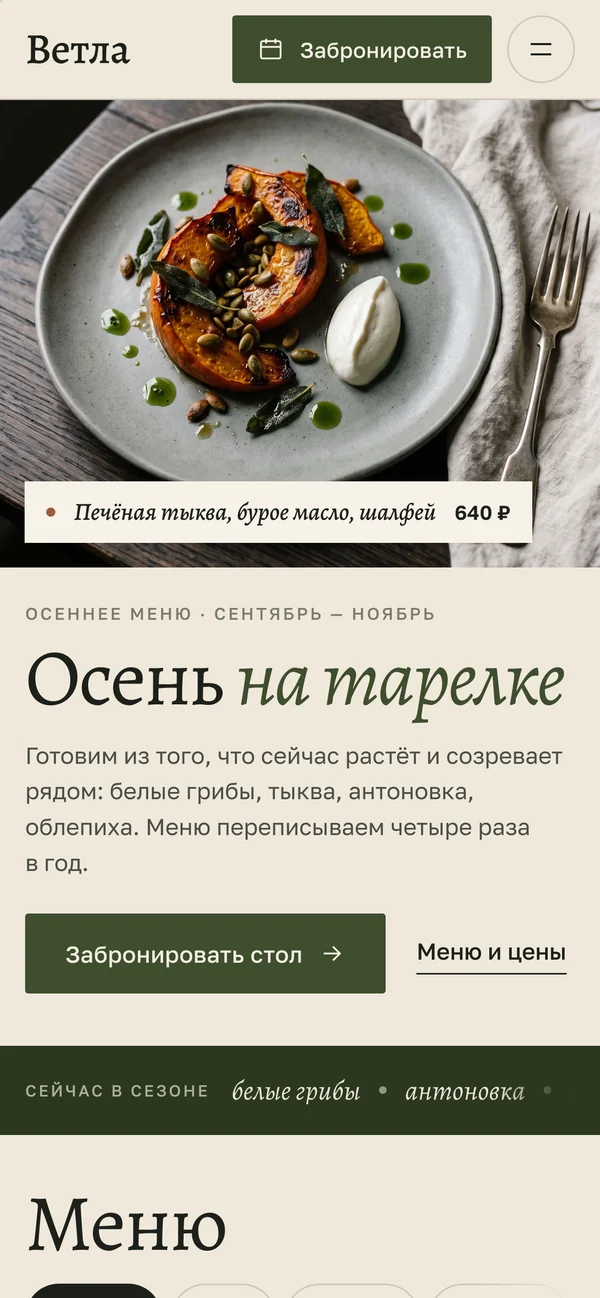 Ветла — сайт на телефоне