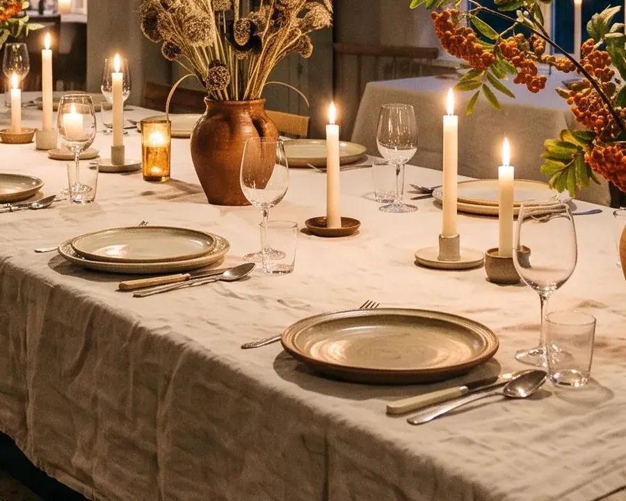 Стол, накрытый к ужину: свечи, бокалы, глиняные кувшины